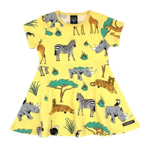 Safari Half Circle Short Sleeve Twirl Dress - Lemon