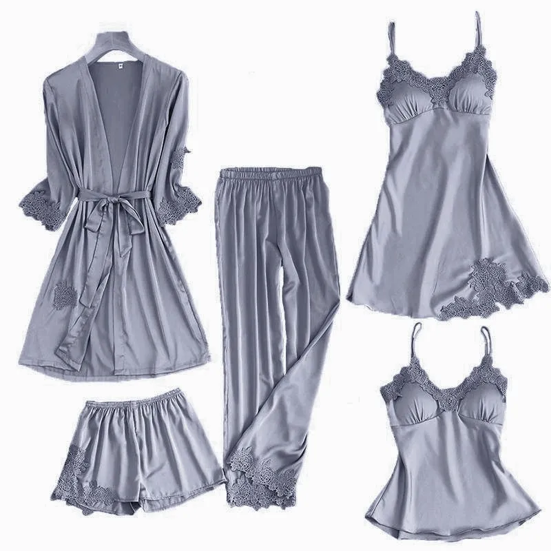 Satin Lace Sleepwear Pajamas 2-5 Piece Sets Pajamas Night Robe Gown