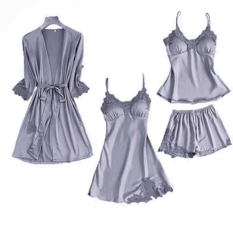 Satin Lace Sleepwear Pajamas 2-5 Piece Sets Pajamas Night Robe Gown
