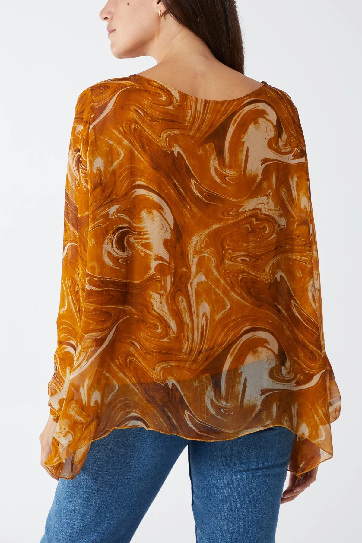 Scoop Neck Abstract Swirl Print Silk Blouse