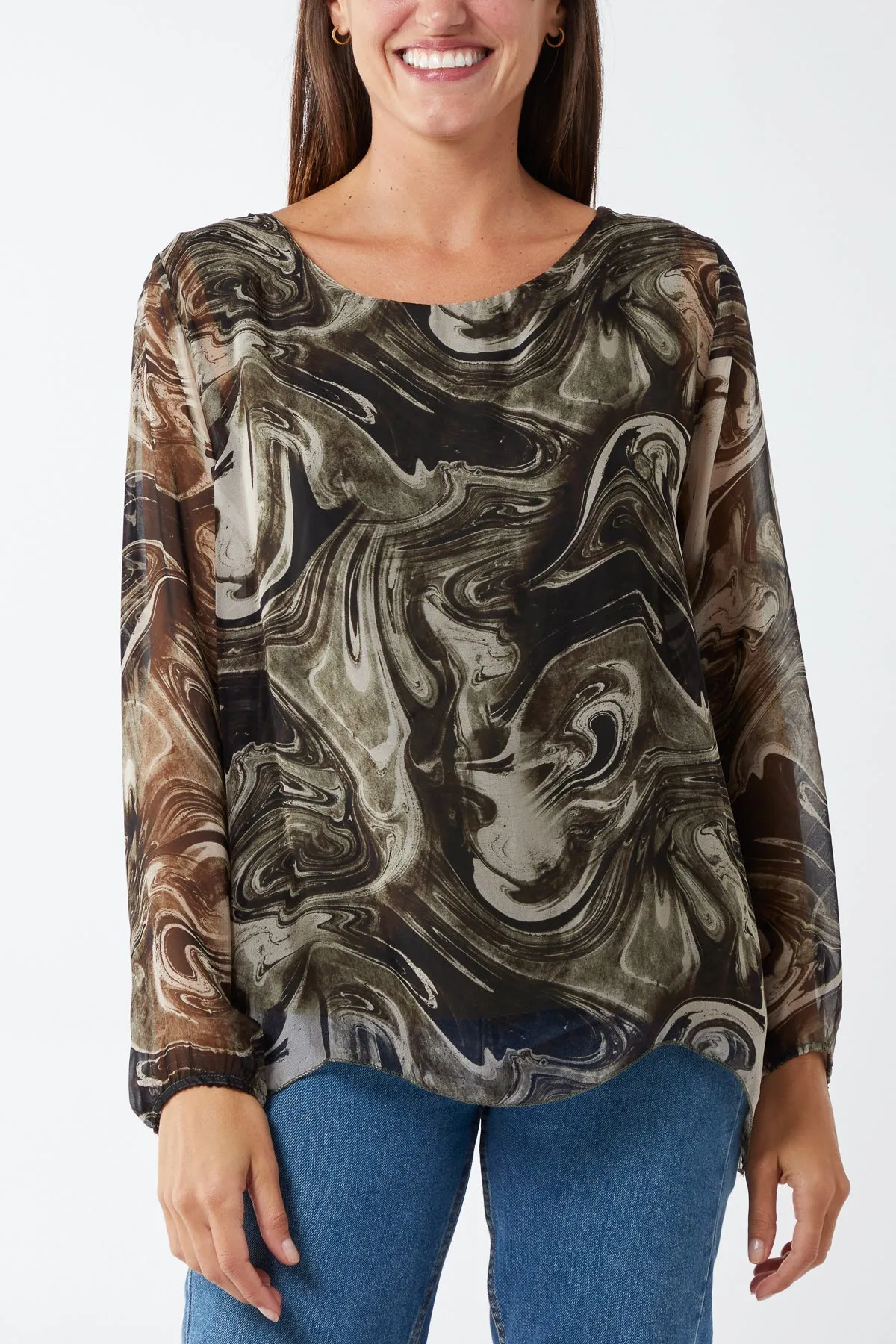 Scoop Neck Abstract Swirl Print Silk Blouse