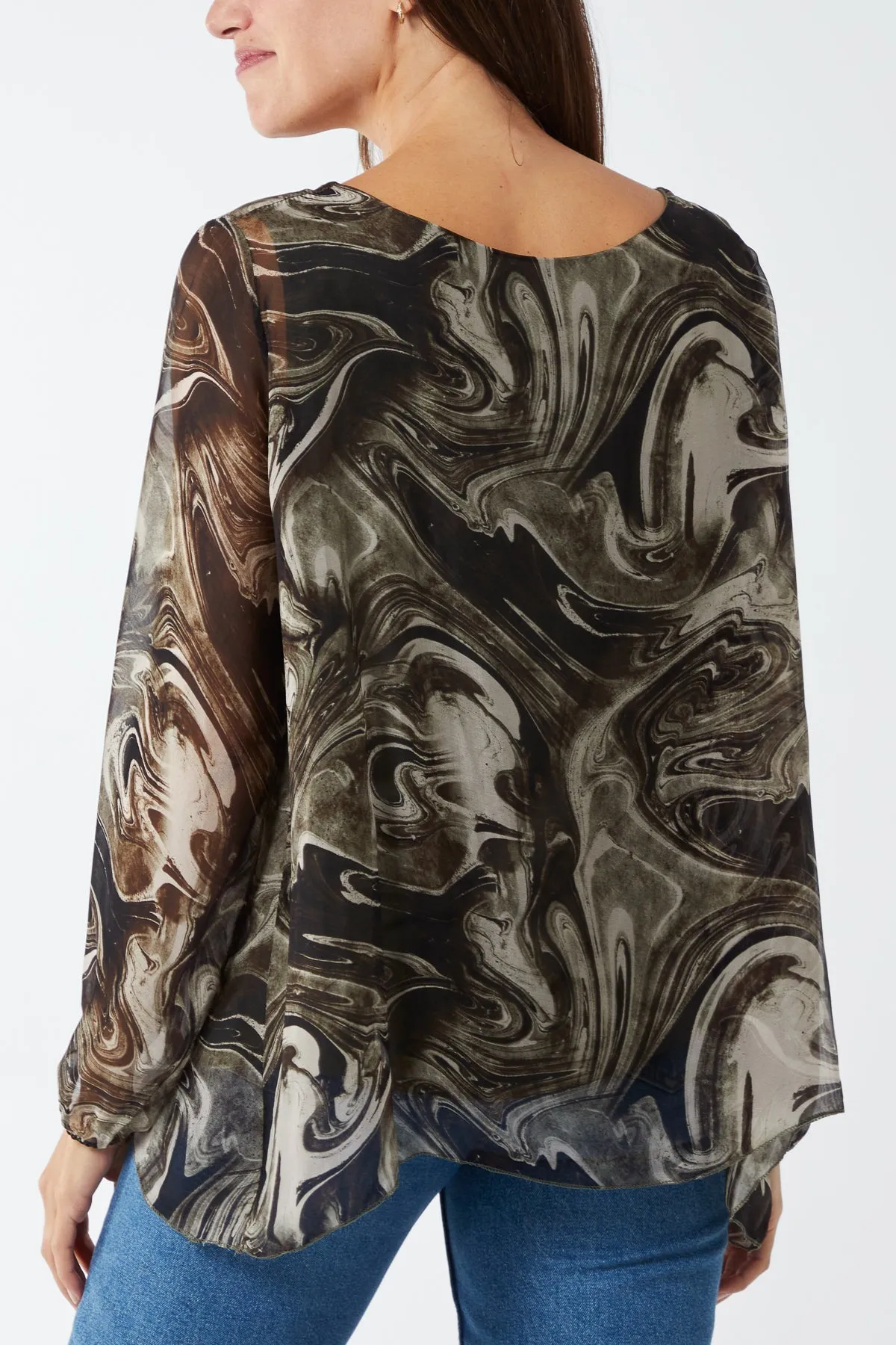 Scoop Neck Abstract Swirl Print Silk Blouse