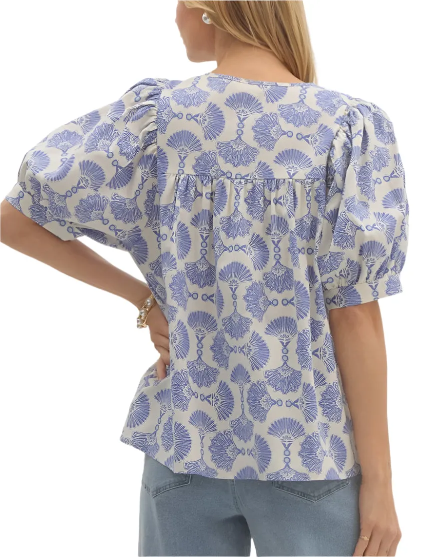Seashell Airflow Linen Blouse - Blue/Off White