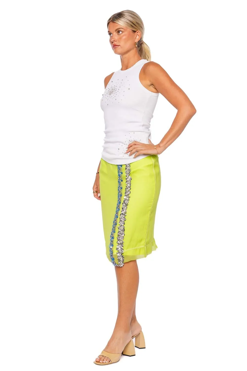 Sequin Embroidered Borders Lime Mini Skirt