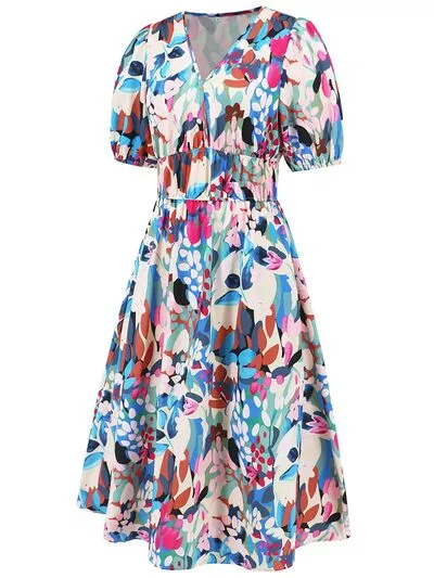 Serena Ruched Printed Surplice Short Sleeve Dress