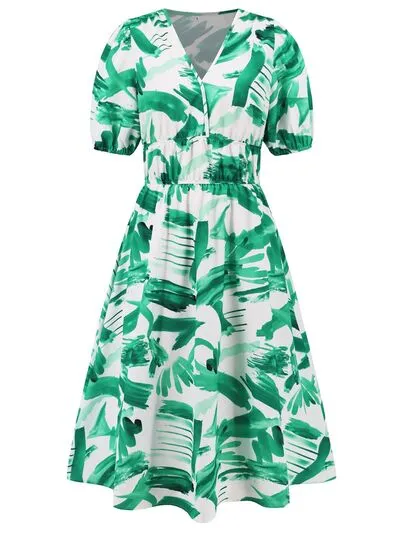 Serena Ruched Printed Surplice Short Sleeve Dress