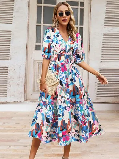 Serena Ruched Printed Surplice Short Sleeve Dress