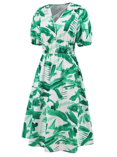 Serena Ruched Printed Surplice Short Sleeve Dress