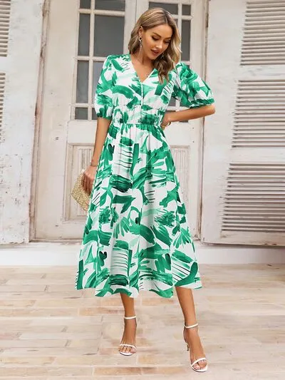 Serena Ruched Printed Surplice Short Sleeve Dress