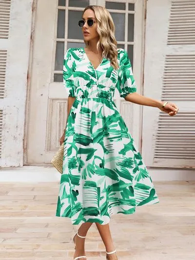 Serena Ruched Printed Surplice Short Sleeve Dress