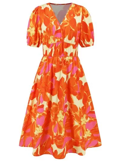 Serena Ruched Printed Surplice Short Sleeve Dress
