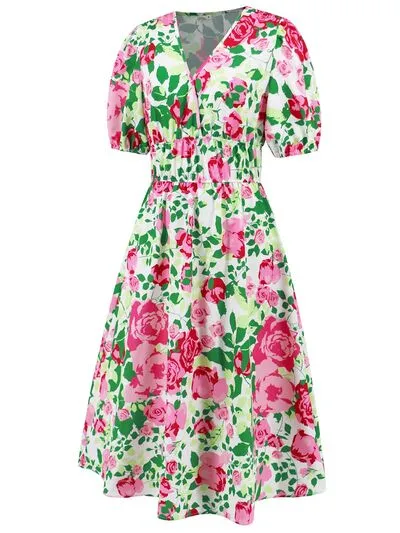 Serena Ruched Printed Surplice Short Sleeve Dress