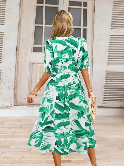 Serena Ruched Printed Surplice Short Sleeve Dress