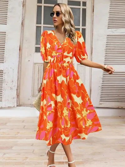 Serena Ruched Printed Surplice Short Sleeve Dress