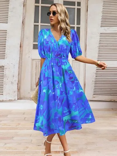 Serena Ruched Printed Surplice Short Sleeve Dress