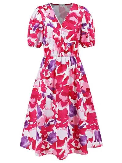 Serena Ruched Printed Surplice Short Sleeve Dress
