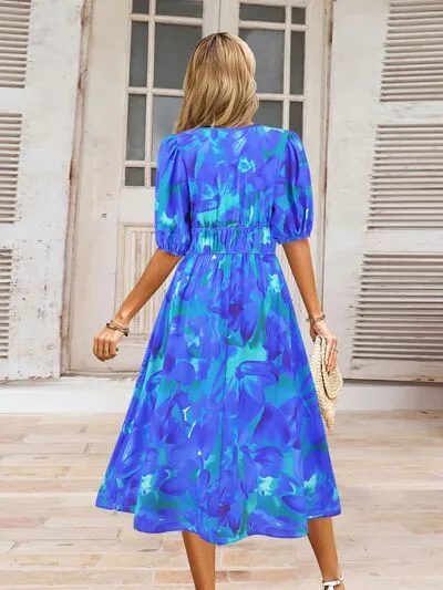 Serena Ruched Printed Surplice Short Sleeve Dress