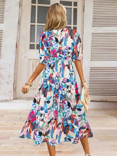 Serena Ruched Printed Surplice Short Sleeve Dress