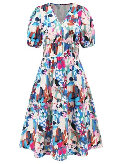 Serena Ruched Printed Surplice Short Sleeve Dress