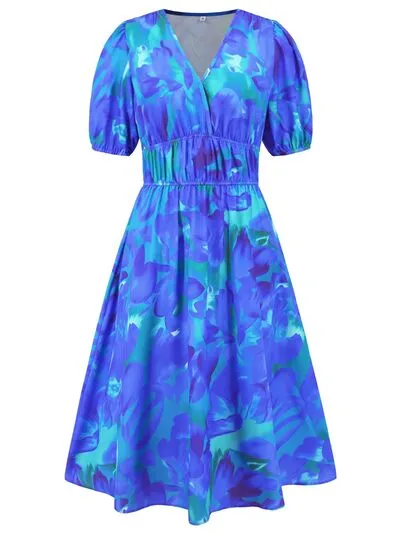 Serena Ruched Printed Surplice Short Sleeve Dress