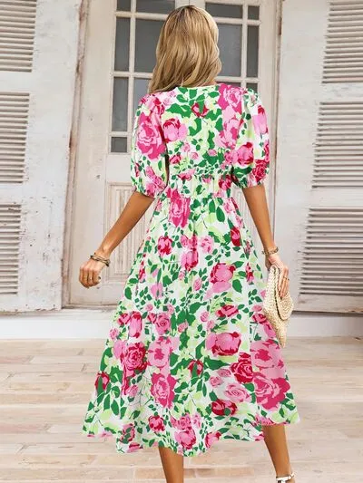 Serena Ruched Printed Surplice Short Sleeve Dress