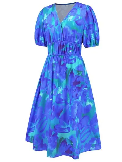 Serena Ruched Printed Surplice Short Sleeve Dress