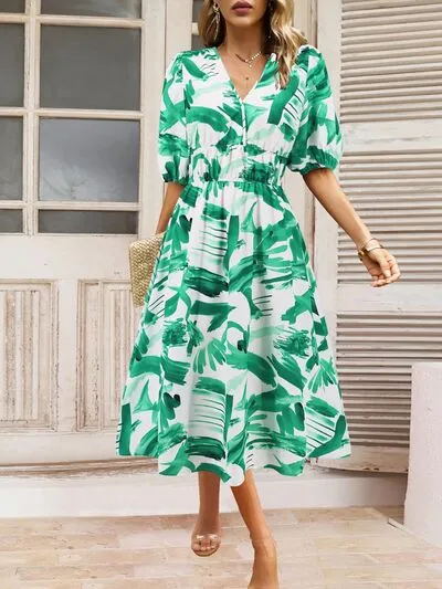 Serena Ruched Printed Surplice Short Sleeve Dress