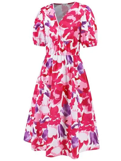 Serena Ruched Printed Surplice Short Sleeve Dress