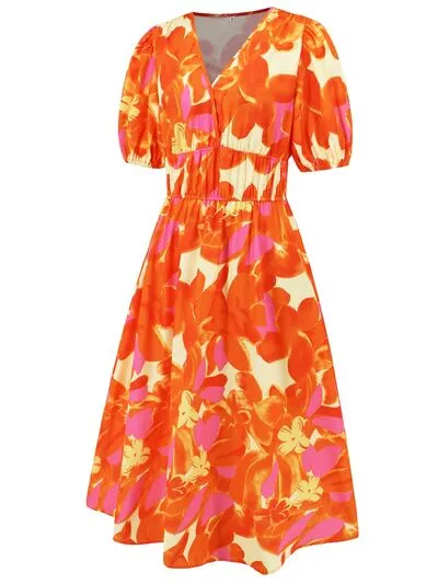 Serena Ruched Printed Surplice Short Sleeve Dress
