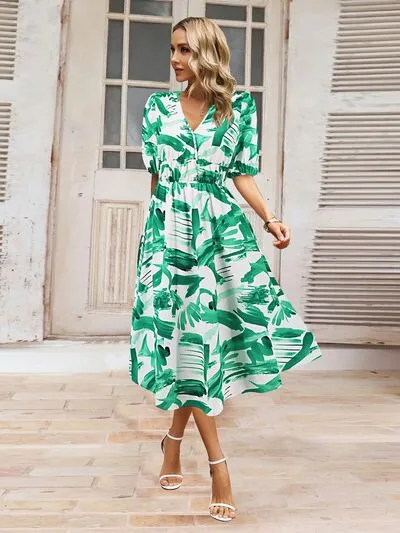 Serena Ruched Printed Surplice Short Sleeve Dress