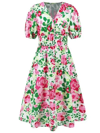 Serena Ruched Printed Surplice Short Sleeve Dress