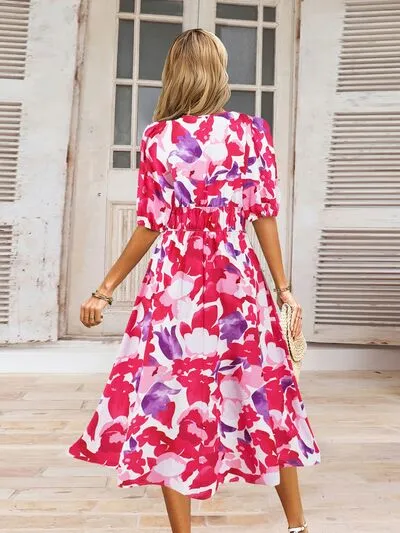 Serena Ruched Printed Surplice Short Sleeve Dress