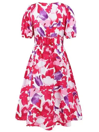 Serena Ruched Printed Surplice Short Sleeve Dress