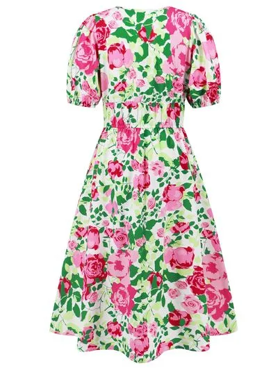 Serena Ruched Printed Surplice Short Sleeve Dress
