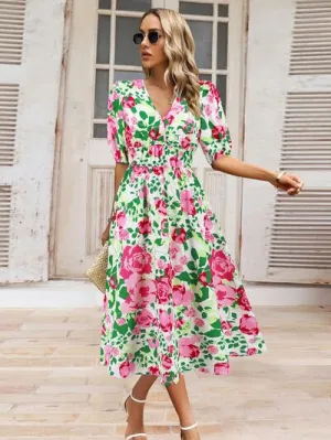 Serena Ruched Printed Surplice Short Sleeve Dress
