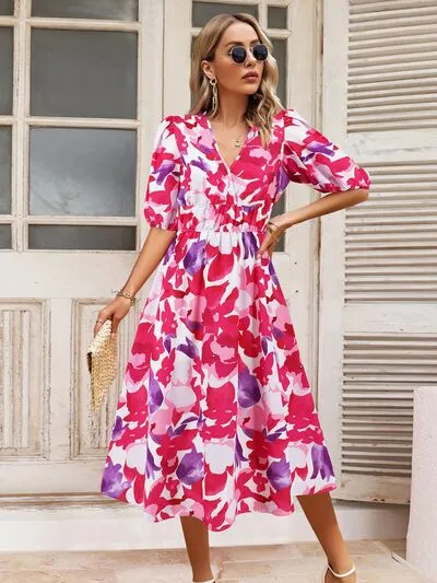 Serena Ruched Printed Surplice Short Sleeve Dress