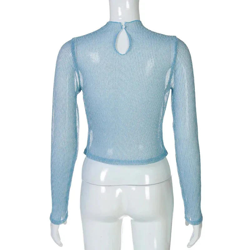 Sheer Mesh Long Sleeve Turtleneck Crop Tops