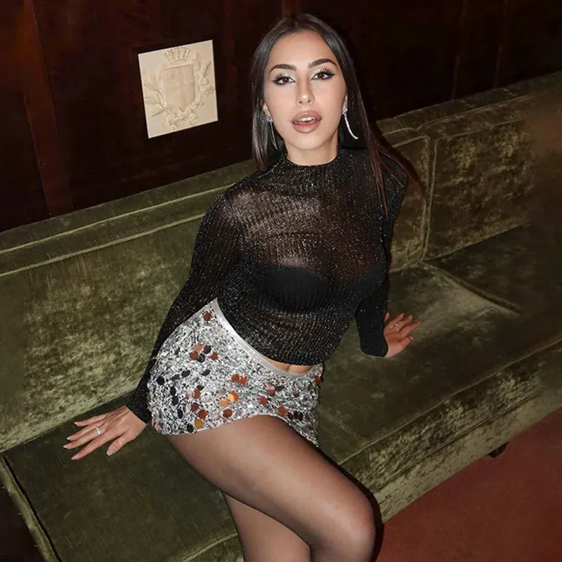 Sheer Mesh Long Sleeve Turtleneck Crop Tops