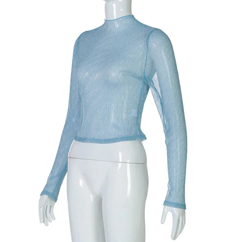 Sheer Mesh Long Sleeve Turtleneck Crop Tops