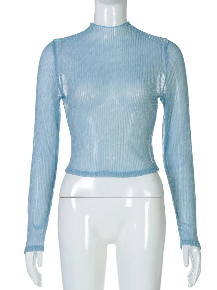 Sheer Mesh Long Sleeve Turtleneck Crop Tops