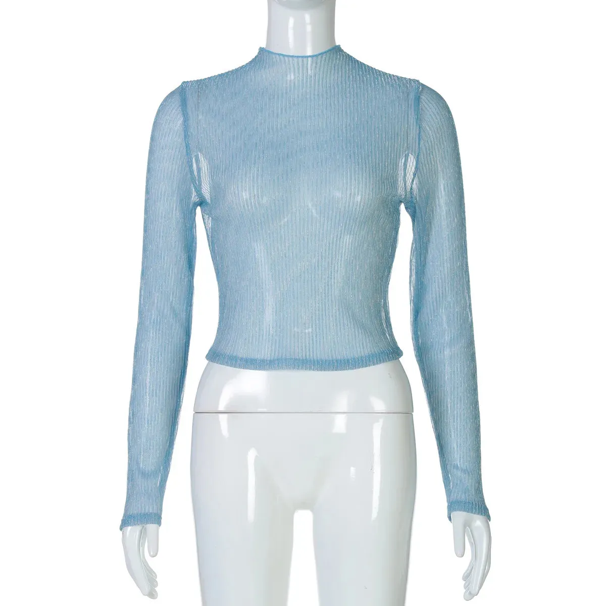 Sheer Mesh Long Sleeve Turtleneck Crop Tops