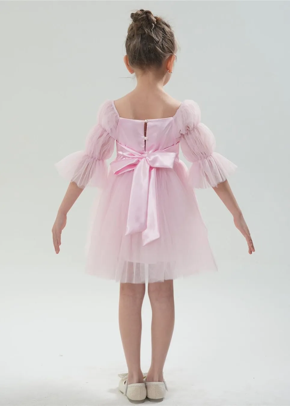 Sheer Sleeve Tulle Girl Dress in Pink
