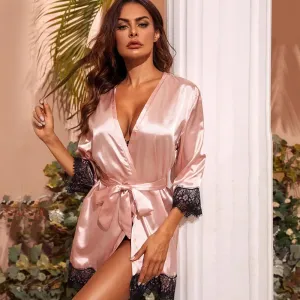 Silk Satin Kimono with Lace Trim
