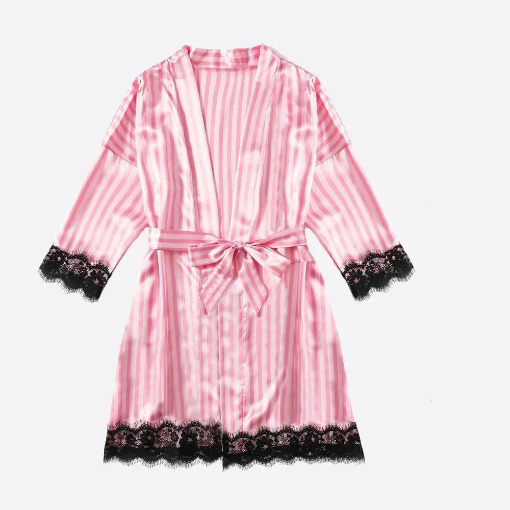 Silk Satin Kimono with Lace Trim
