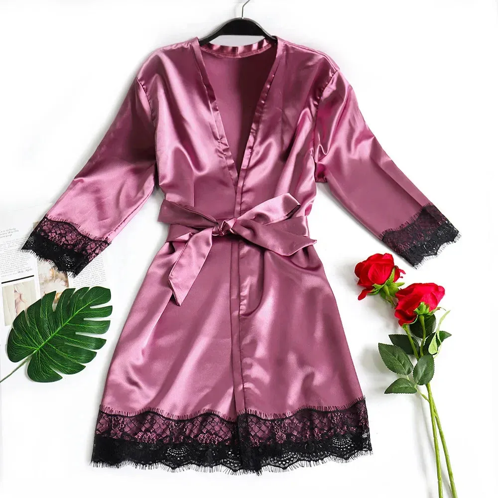 Silk Satin Kimono with Lace Trim