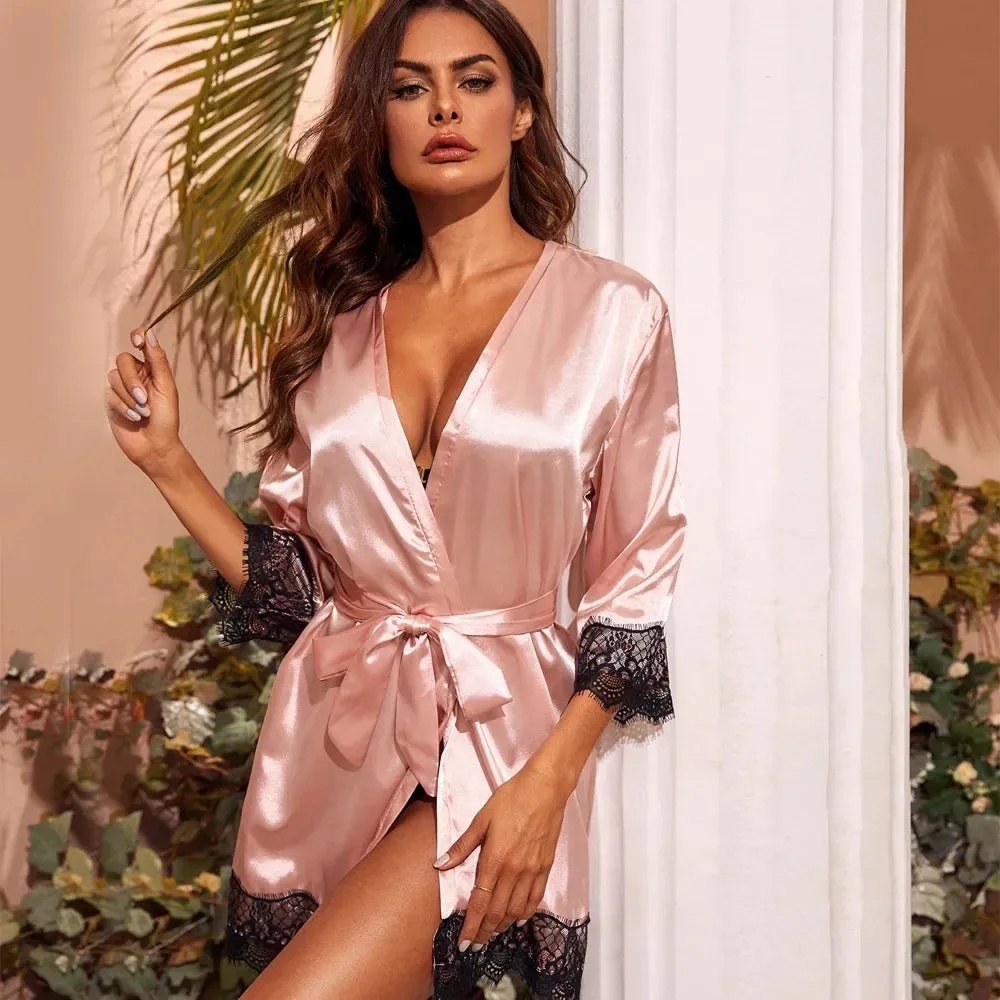 Silk Satin Kimono with Lace Trim