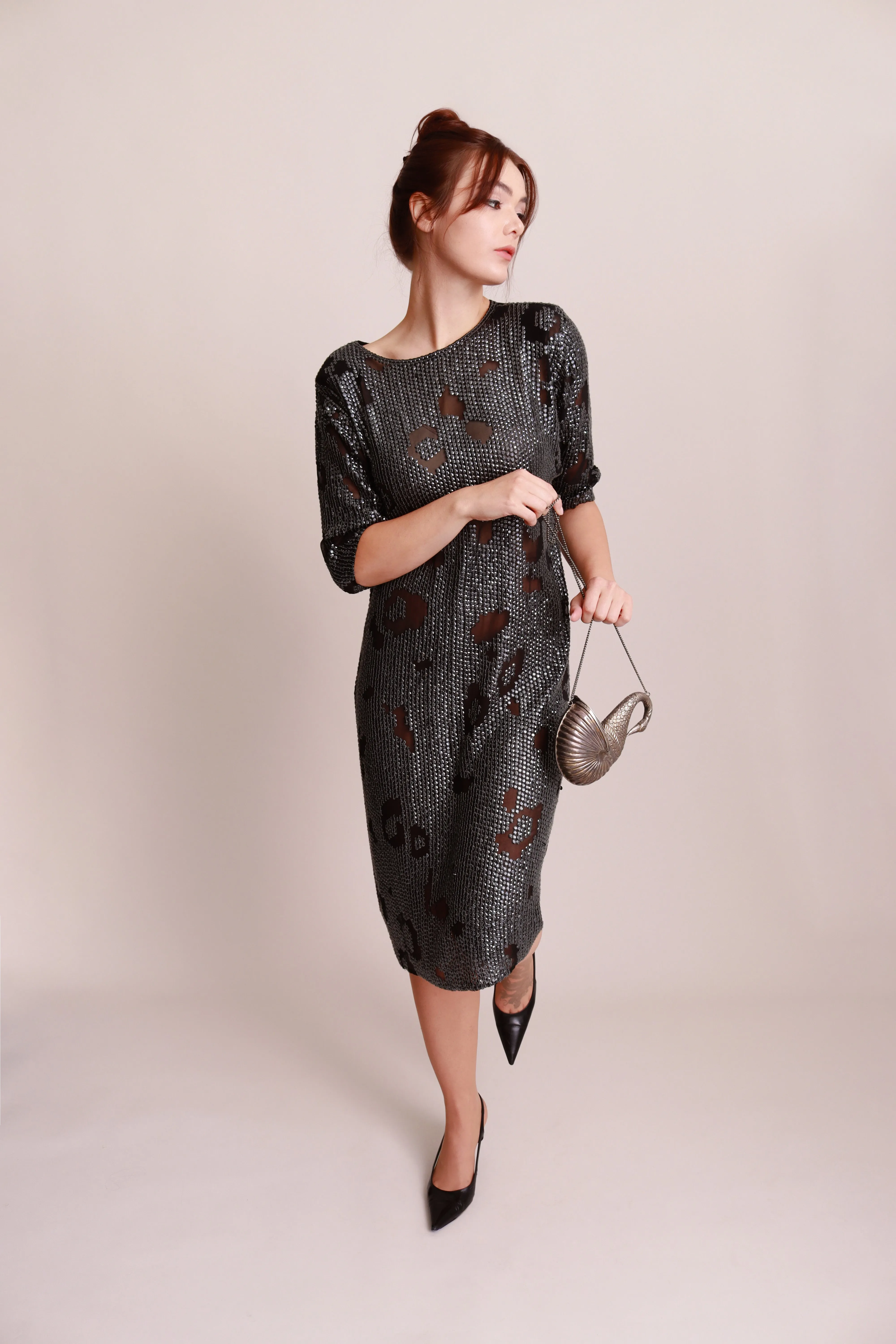 Silk Sequin Leopard Print Shift Dress