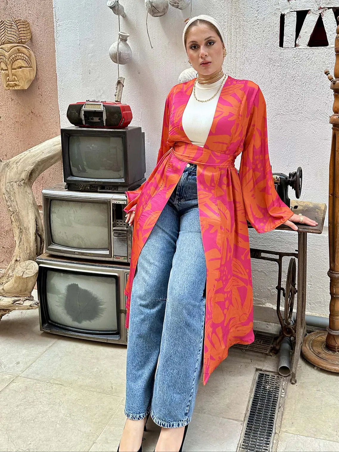 Silky Printed Kimono With Belt - Leocansa