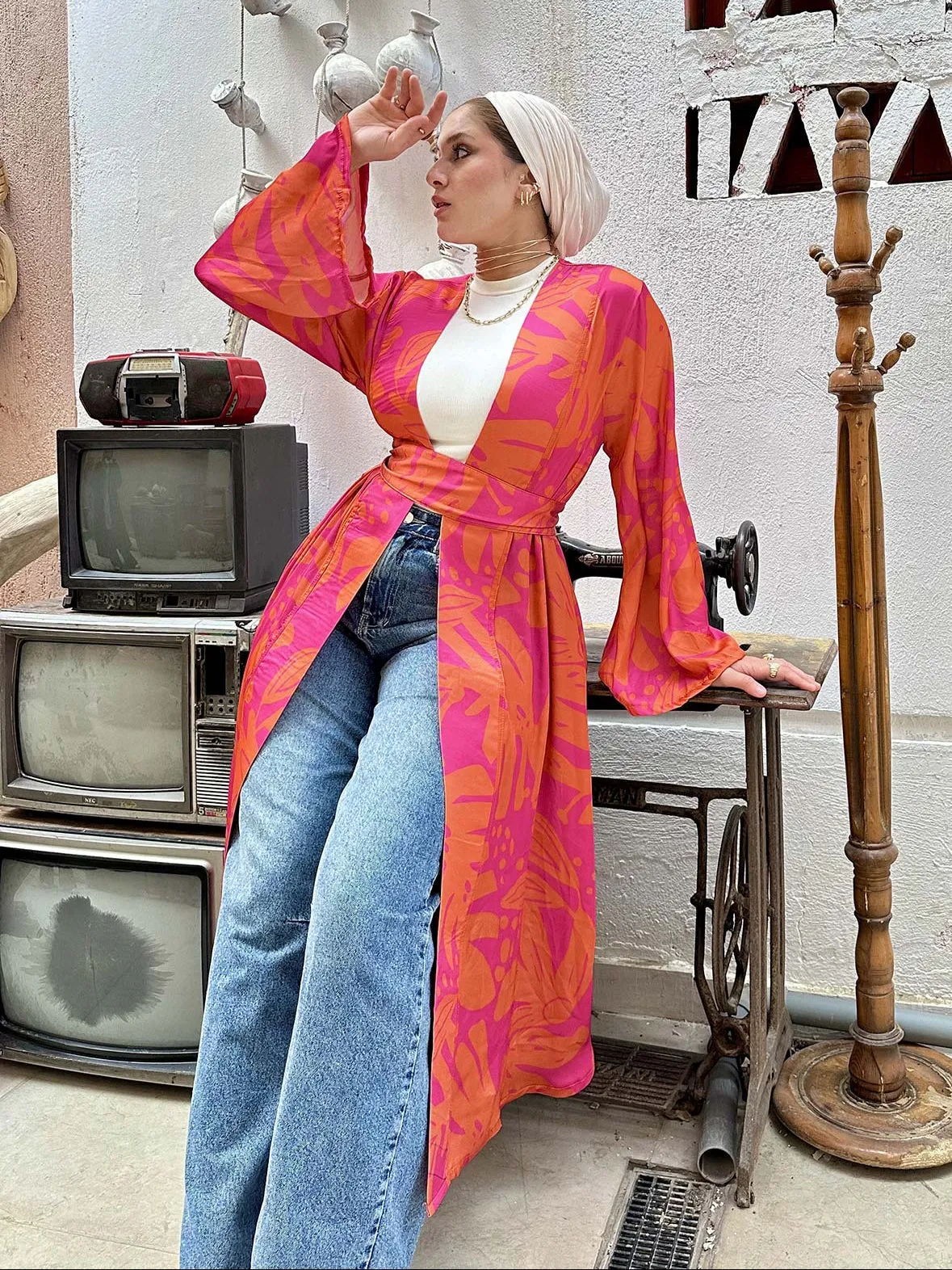Silky Printed Kimono With Belt - Leocansa