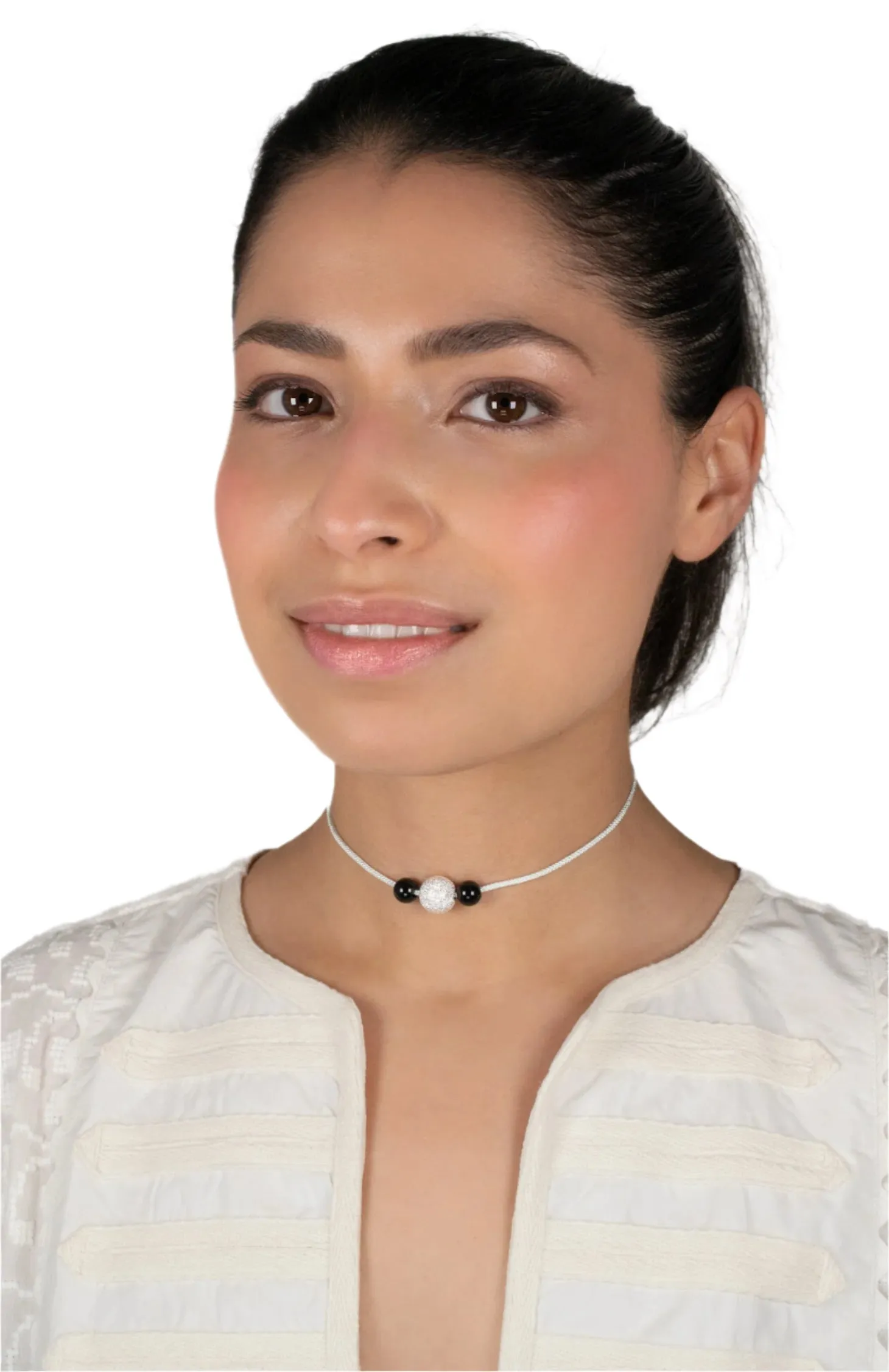 Silver and Black Onyx on Soft Aqua Kumi Cord Necklace